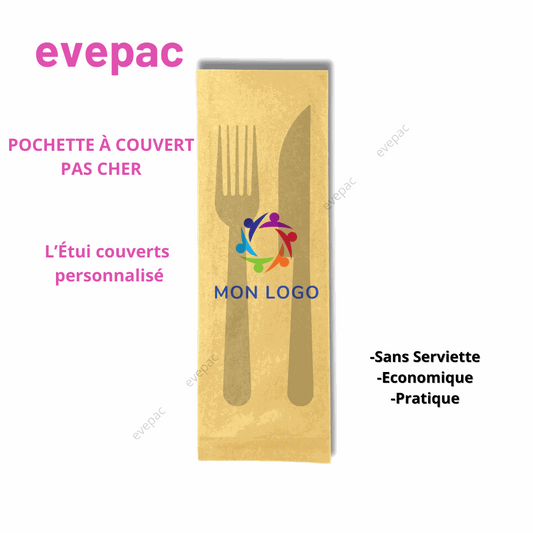Pochette à couverts personnalisée en papier kraft avec illustration et logo, économique et pratique.