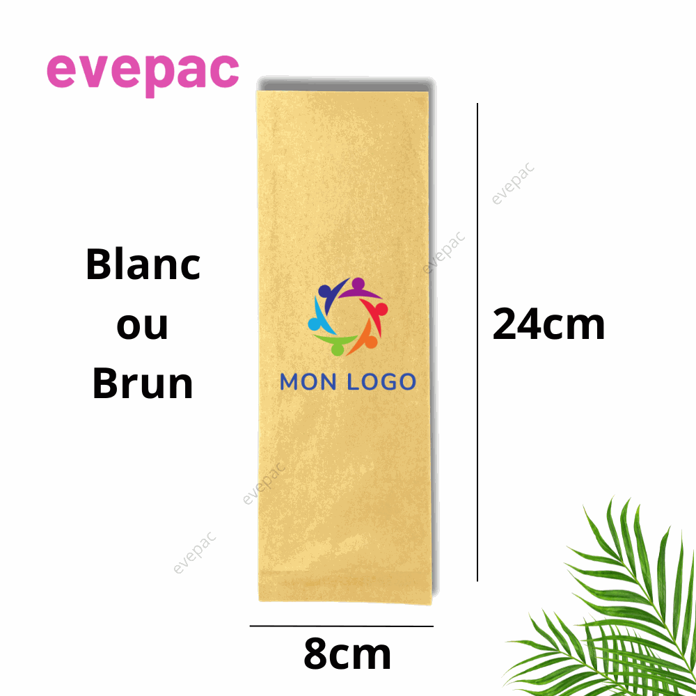 Pochette à couverts personnalisée kraft avec logo multicolore, dimensions 8x24 cm, options blanc ou brun.