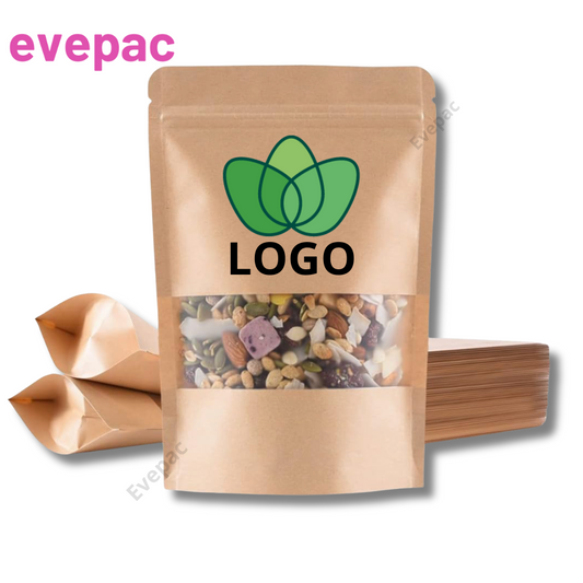 Sachet Doypack® kraft personnalisé avec fenêtre et fermeture zip, idéal pour emballages alimentaires et non alimentaires, écoresponsable et réutilisable.