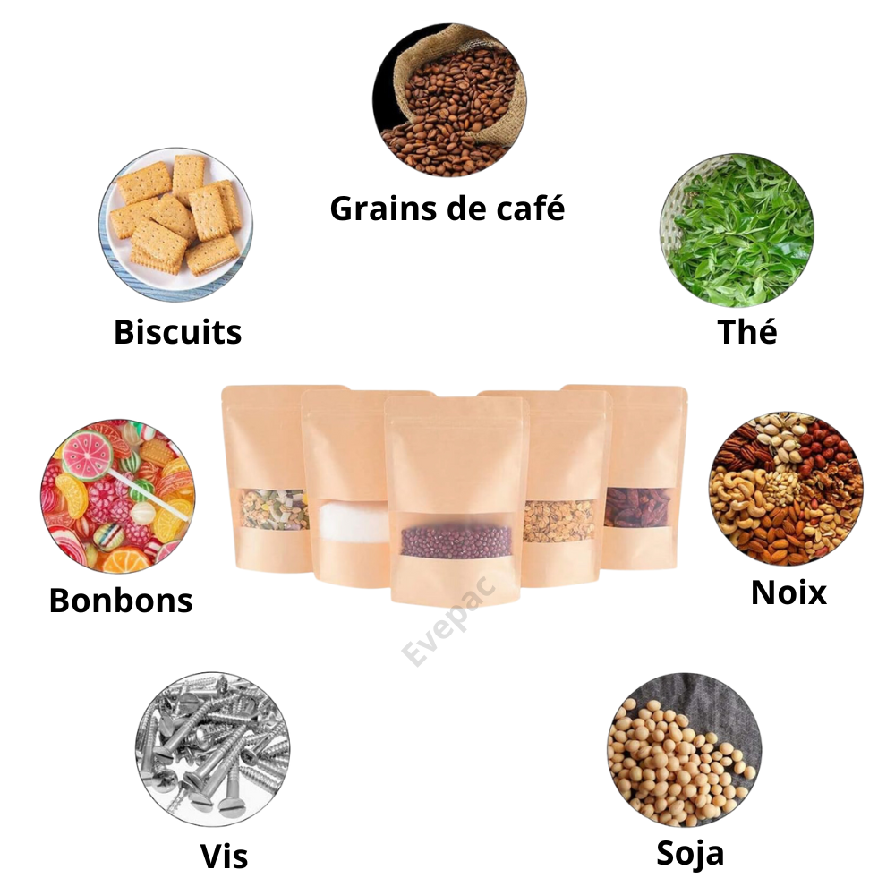 Sachets Doypack® Kraft personnalisés avec fermeture zip, fenêtre et différents usages alimentaires.