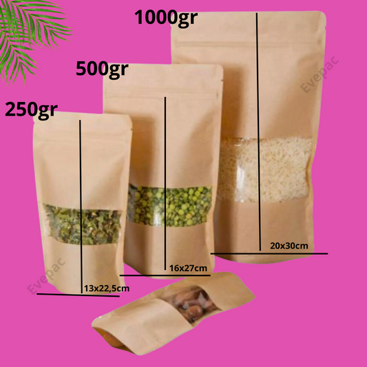Sachets Doypack® Kraft personnalisés avec fenêtre et fermeture zip, disponibles en 250gr, 500gr et 1000gr, sur fond rose.