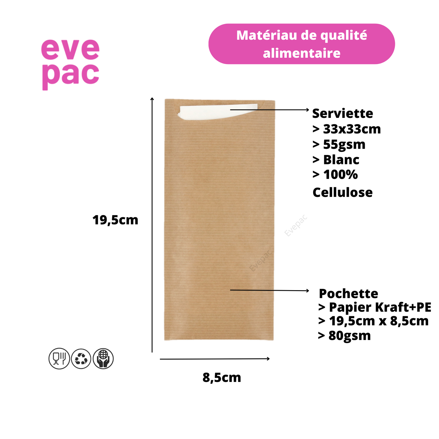 Pochette à couverts personnalisée en papier Kraft 195mm x 85mm avec serviette en cellulose 33cmx33cm, idéale pour événements et restauration.
