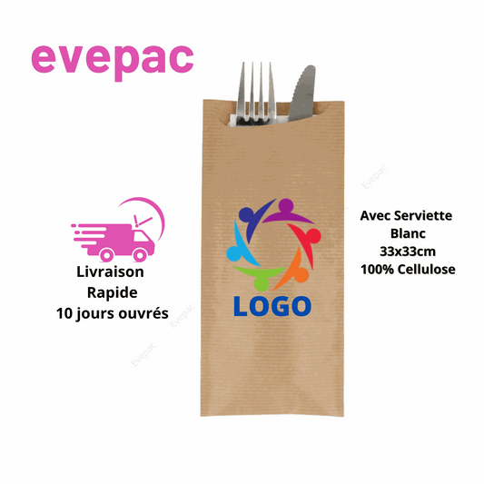 Pochette à couverts personnalisée avec logo coloré, dimensions 195mm x 85mm, papier kraft brun.