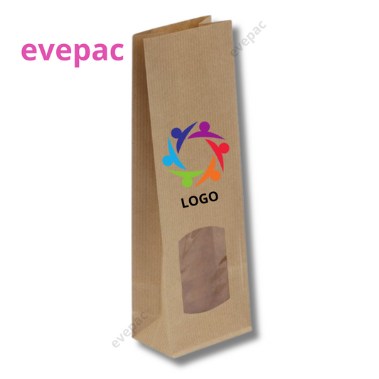 Sachet kraft brun avec fenêtre transparente 205mmx50mmx90mm, écoresponsable et polyvalent.