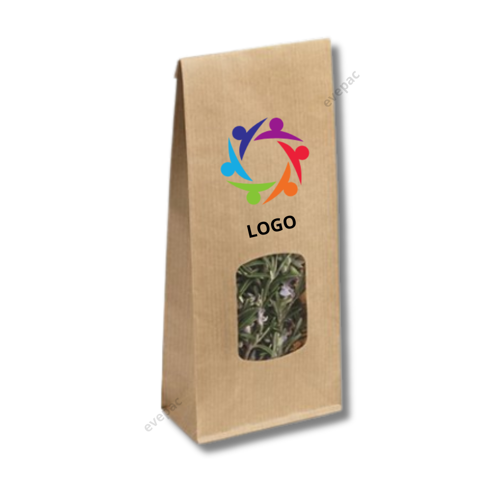 Sachet kraft brun avec fenêtre transparente montrant son contenu, idéal pour thés et cafés.