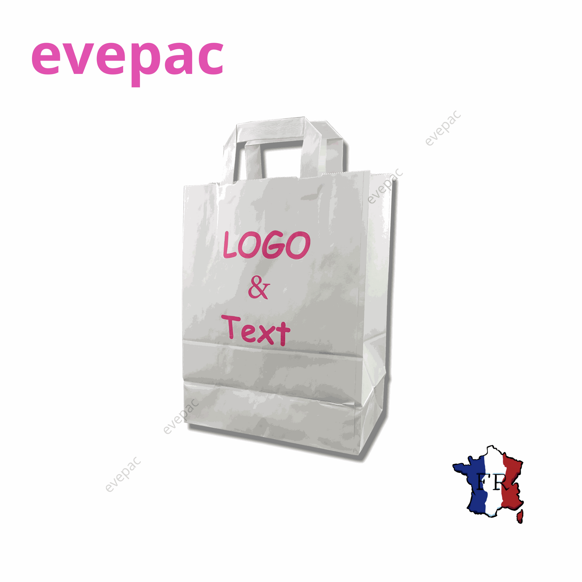 Sac papier kraft blanc personnalisable avec poignées plates, logo et texte imprimés.