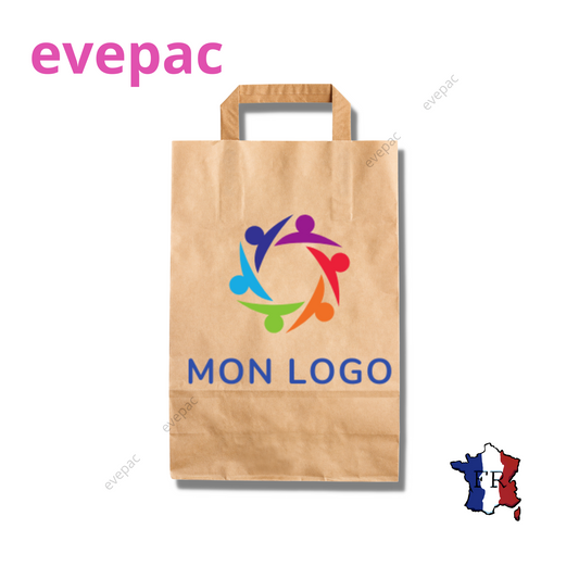 Sac en papier kraft brun personnalisable avec poignées plates et logo coloré.