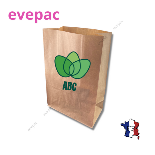 Sac papier kraft brun personnalisé avec logo vert, format rectangulaire, marque evepac.
