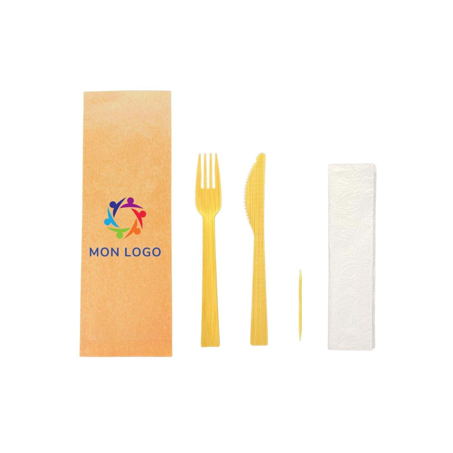 Kit couverts bambou personnalisé avec fourchette, couteau, cure-dents et serviette en papier.