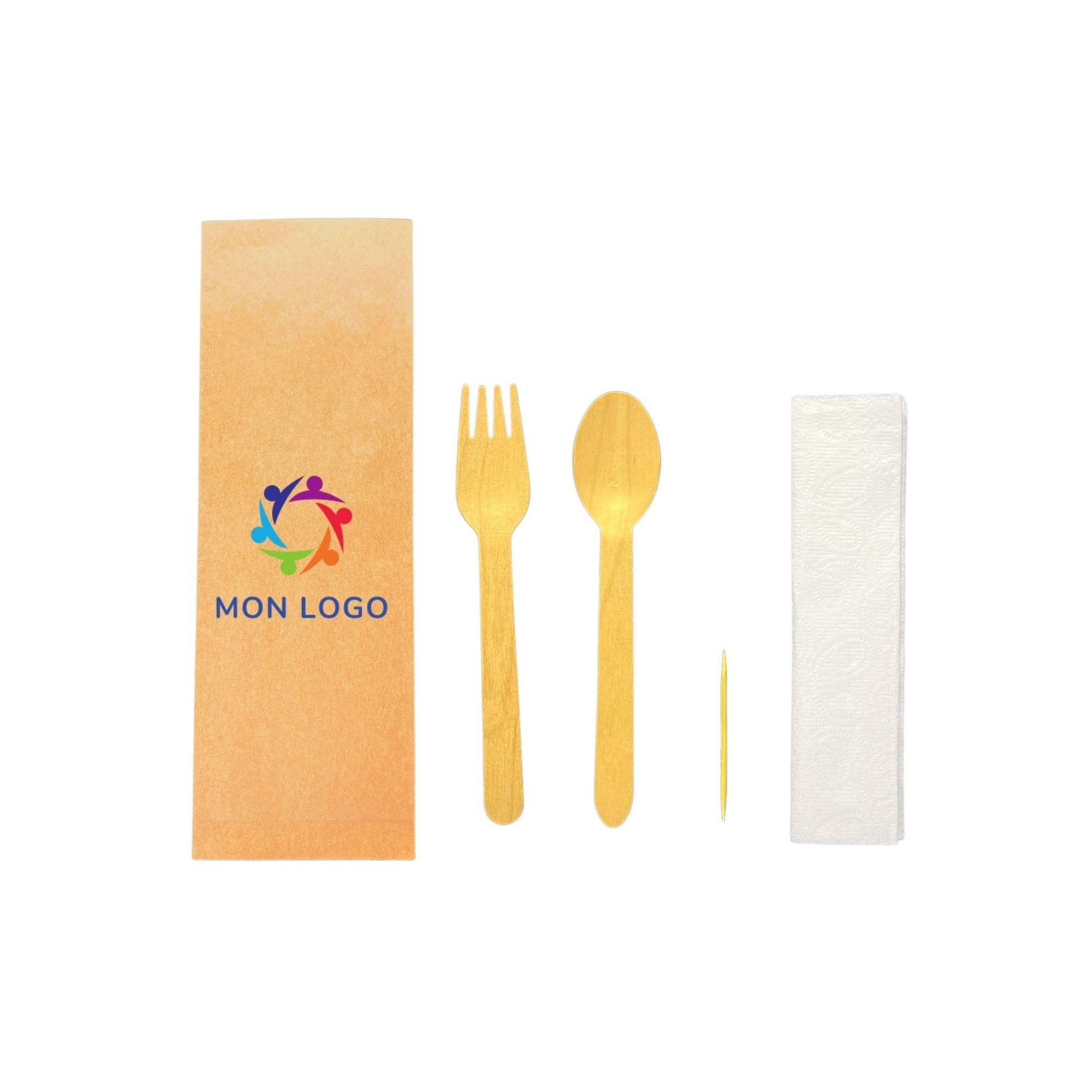 Kit couverts bois personnalisé avec fourchette, cuillère, cure-dents et serviette en papier.