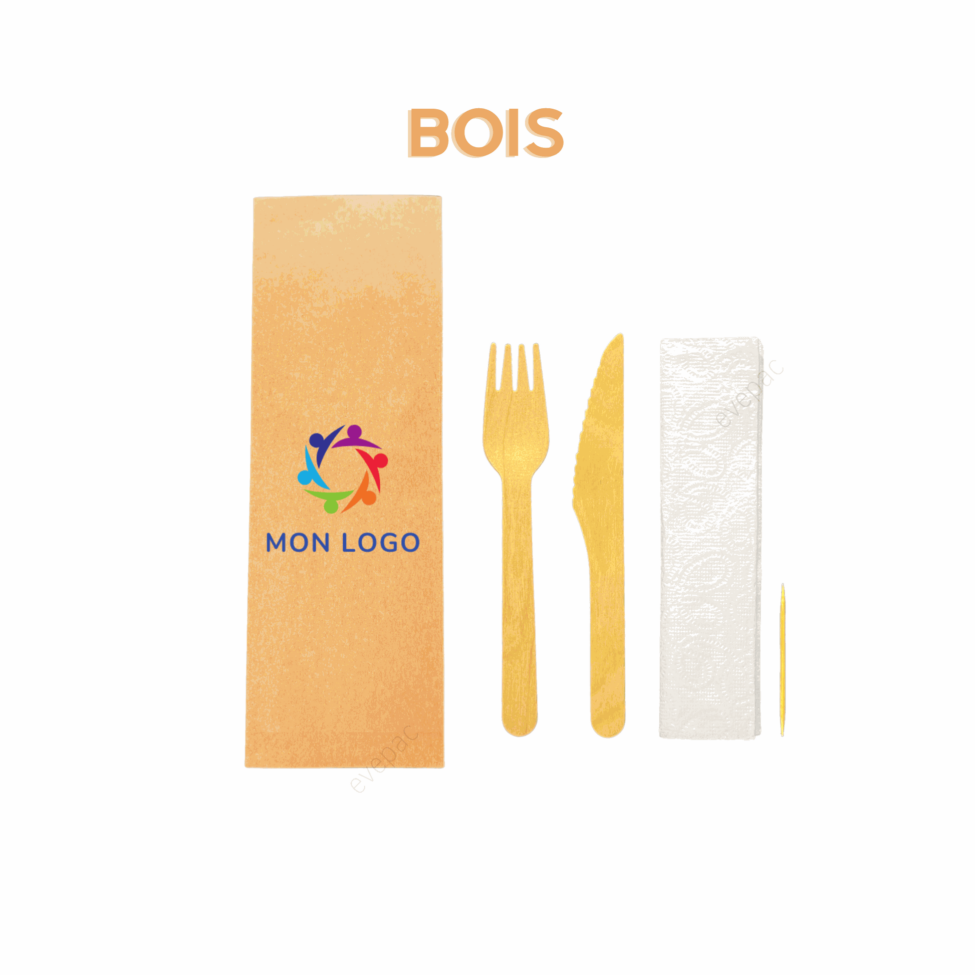 Kit couverts bois personnalisé avec couteau, fourchette, cure-dents et serviette, écologique et biodégradable.
