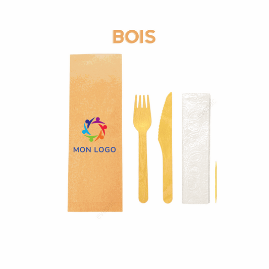 Kit couverts bois personnalisé avec couteau, fourchette, cure-dents et serviette, écologique et biodégradable.