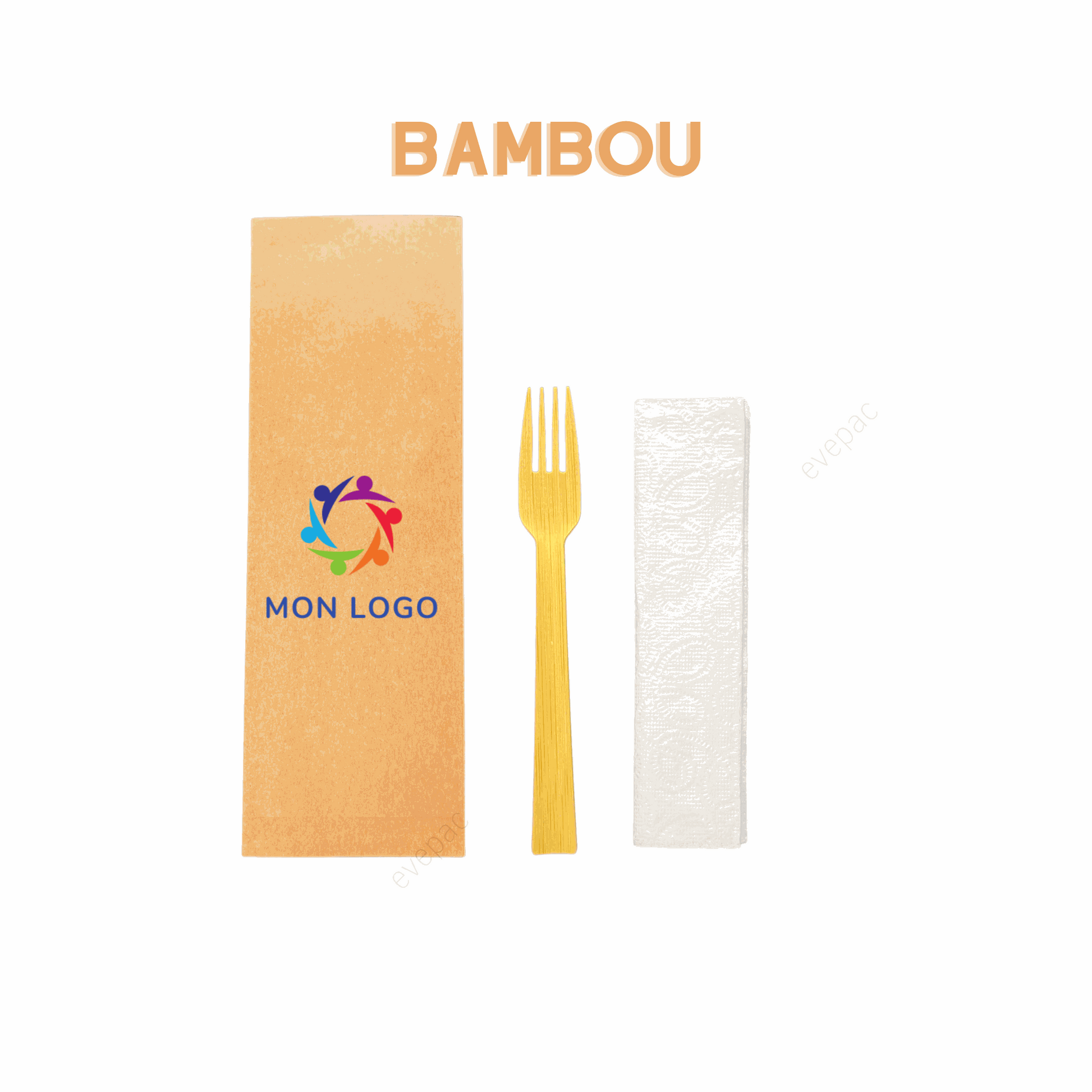 Kit couverts bambou personnalisé avec fourchette et serviette, écologique et compostable.