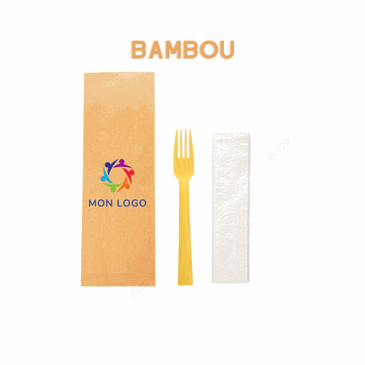 Kit couverts bambou personnalisé avec fourchette et serviette, écologique et compostable.