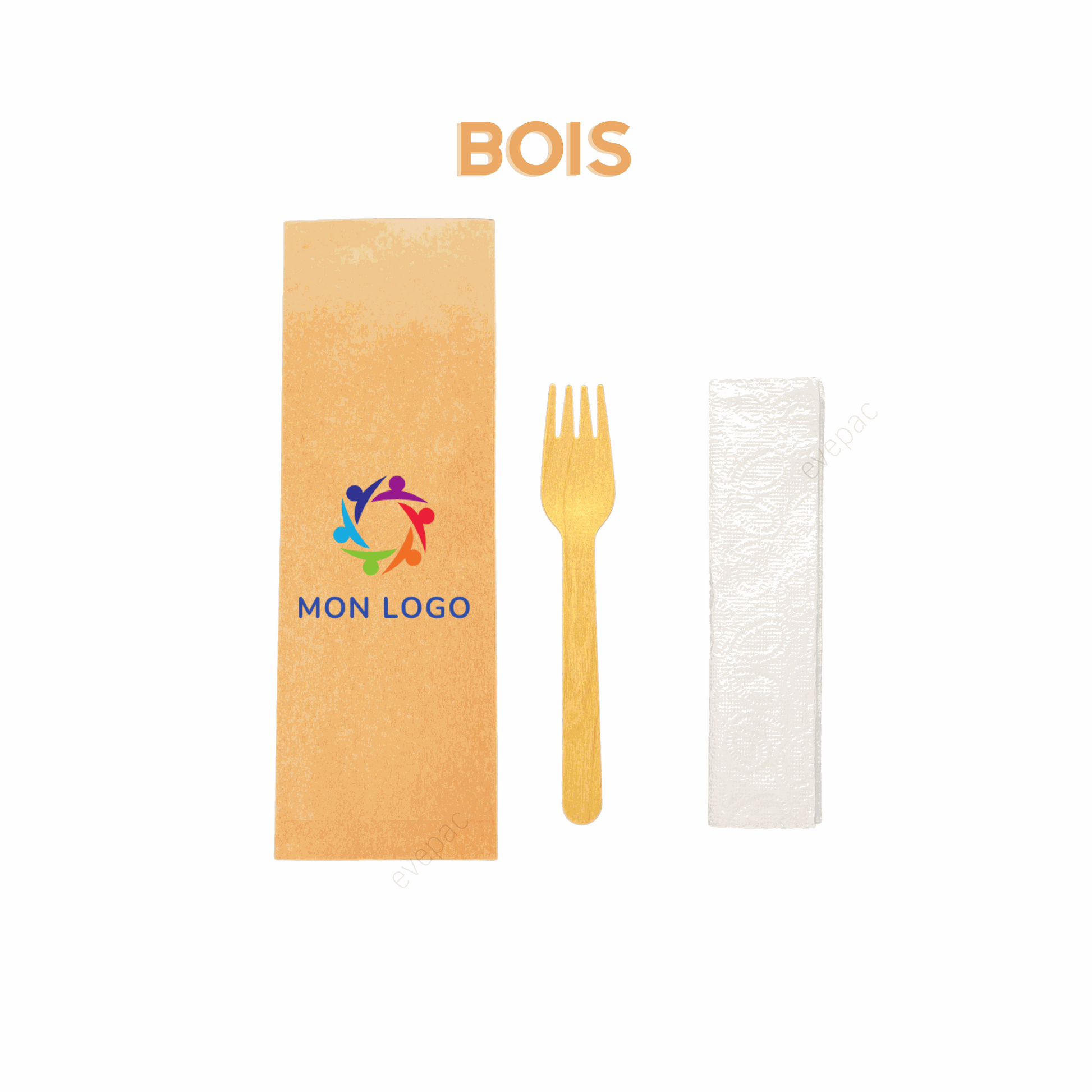 Kit couverts bois personnalisé avec fourchette en bois et serviette en papier, écologique et compostable.