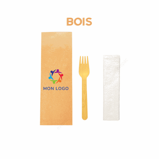 Kit couverts bois personnalisé avec fourchette en bois et serviette en papier, écologique et compostable.