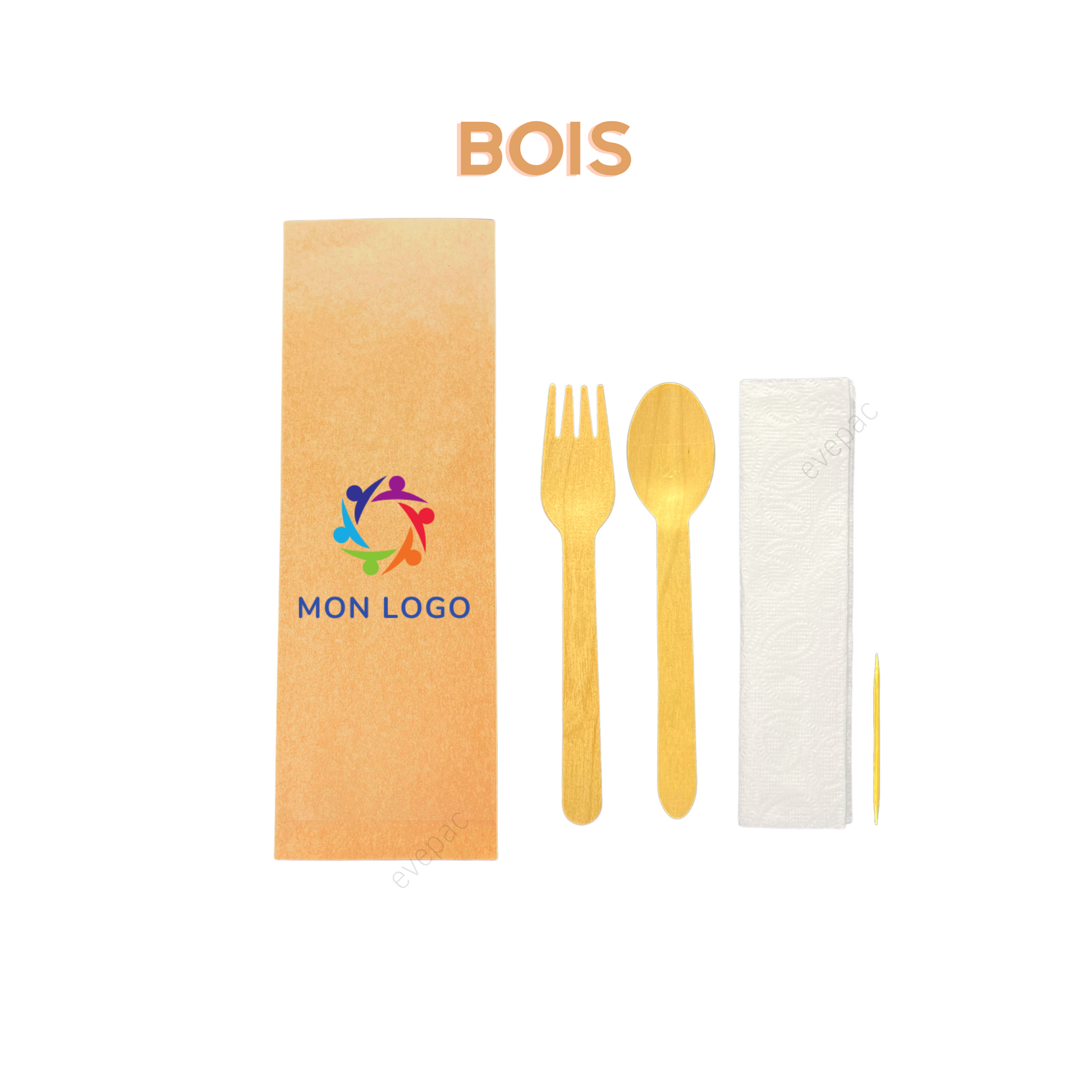 Kit couverts bois personnalisé avec fourchette, cuillère, cure-dents et serviette en papier, biodégradable et écologique.