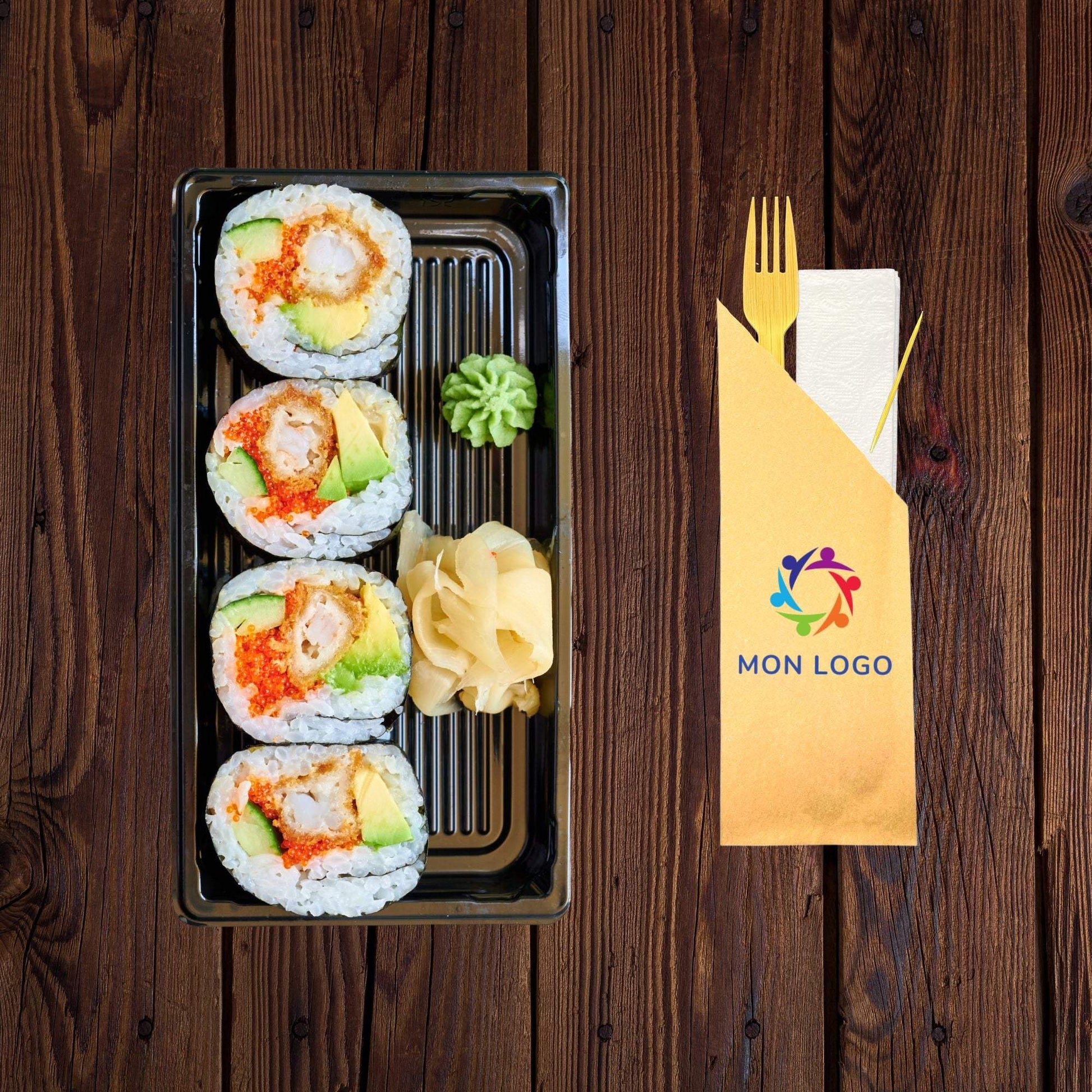 Kit couverts bambou personnalisé, fourchette 17cm, serviette en papier 30x30cm, écologique et compostable, pochette kraft.