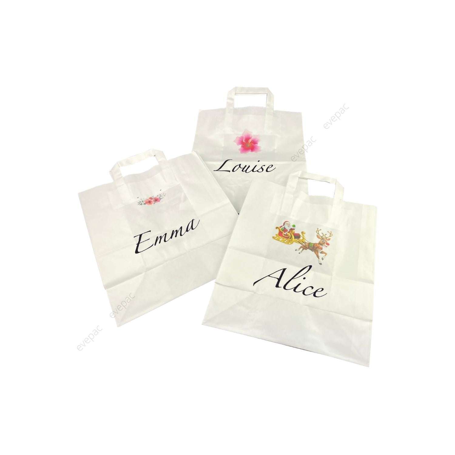 Sacs papier kraft personnalisés blancs avec poignées plates et prénoms, divers motifs.