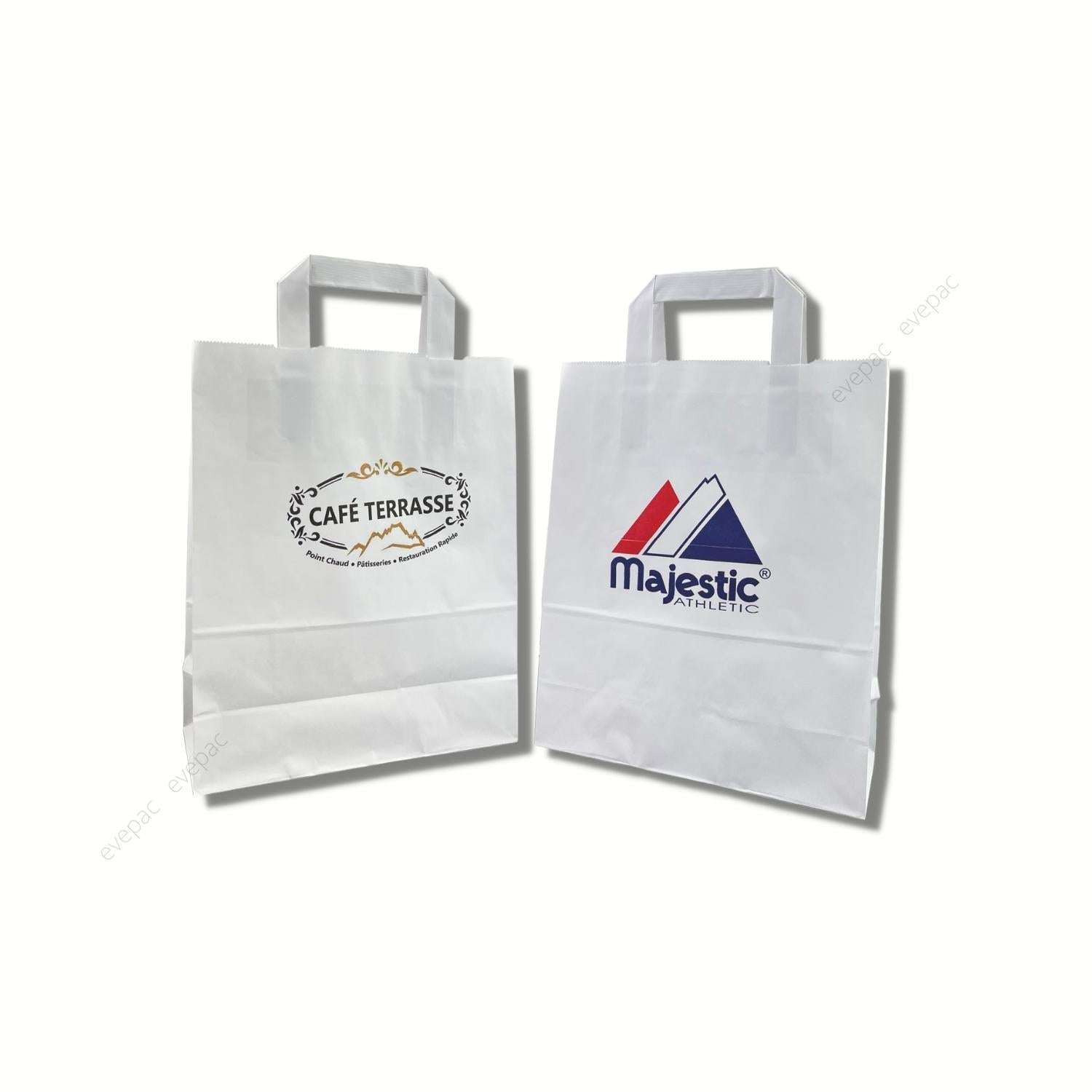 Sac papier kraft blanc avec poignées plates et logos personnalisés, qualité 70 g/m², recyclable.