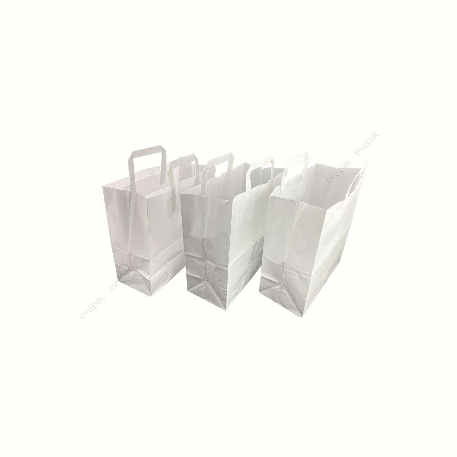 Sac papier kraft blanc personnalisable avec poignées plates, disponible en plusieurs tailles, recyclable et apte au contact alimentaire.
