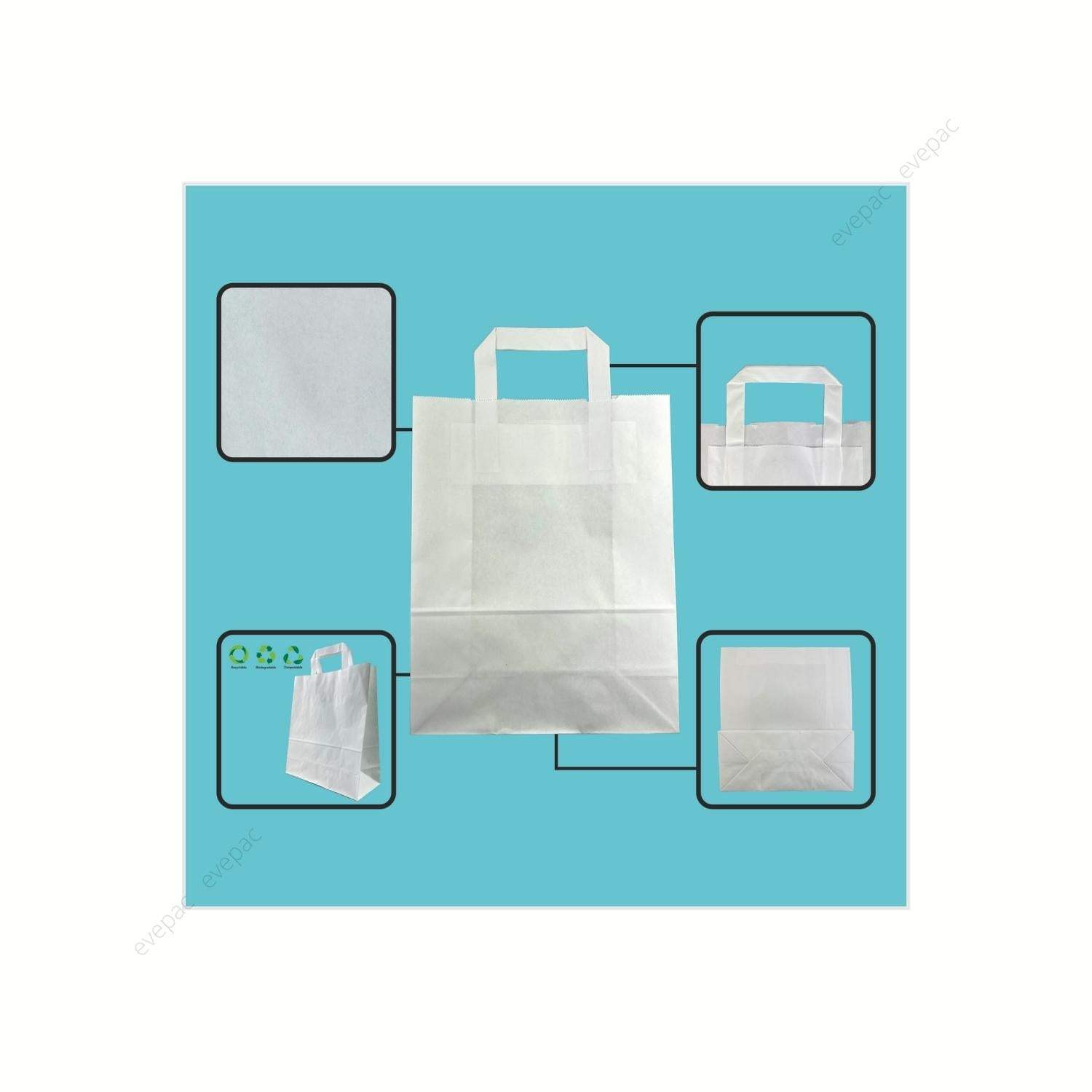 Sac papier kraft blanc personnalisable avec poignées plates, recyclable et apte au contact alimentaire.