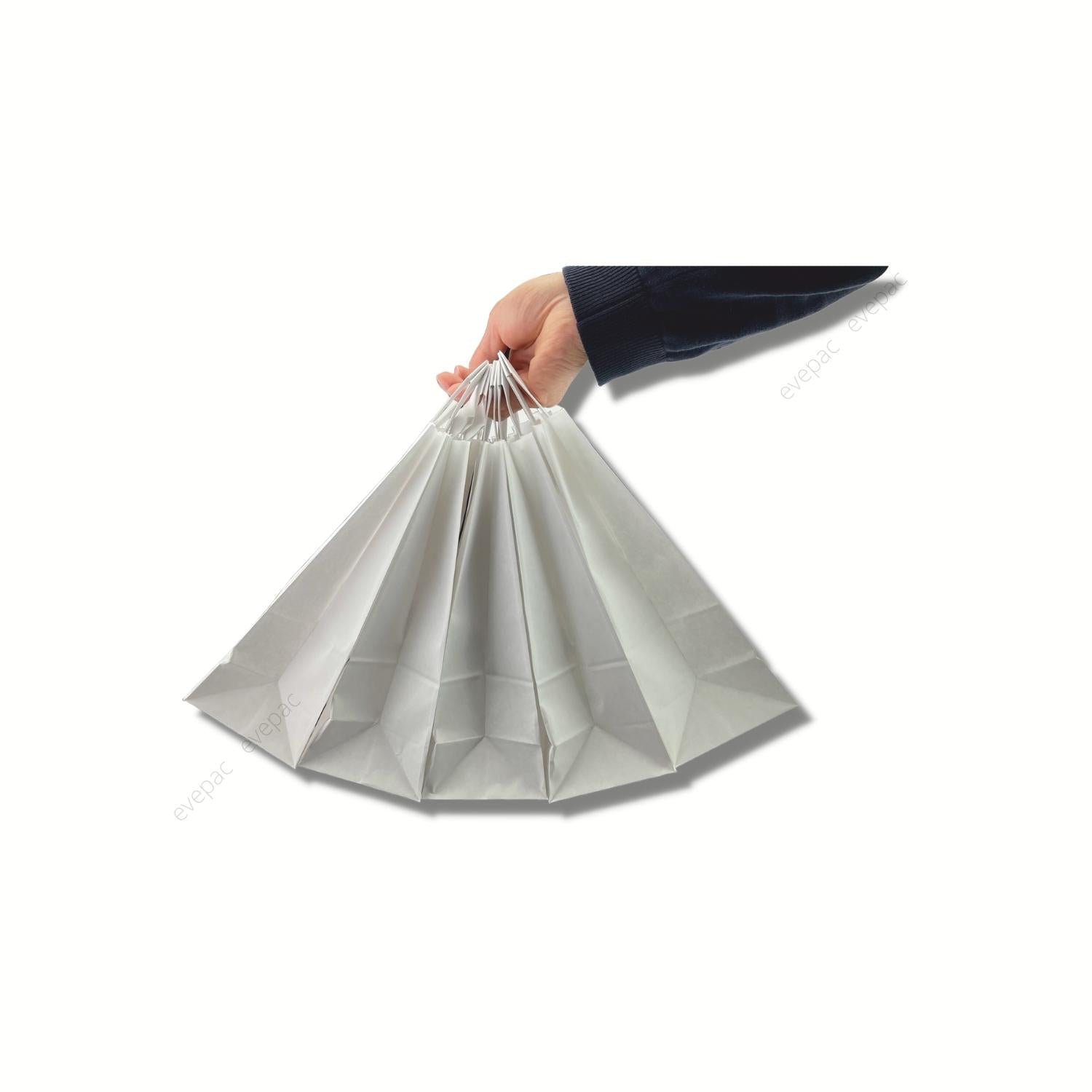 Sac papier kraft blanc personnalisable avec poignées plates, durable et recyclable.