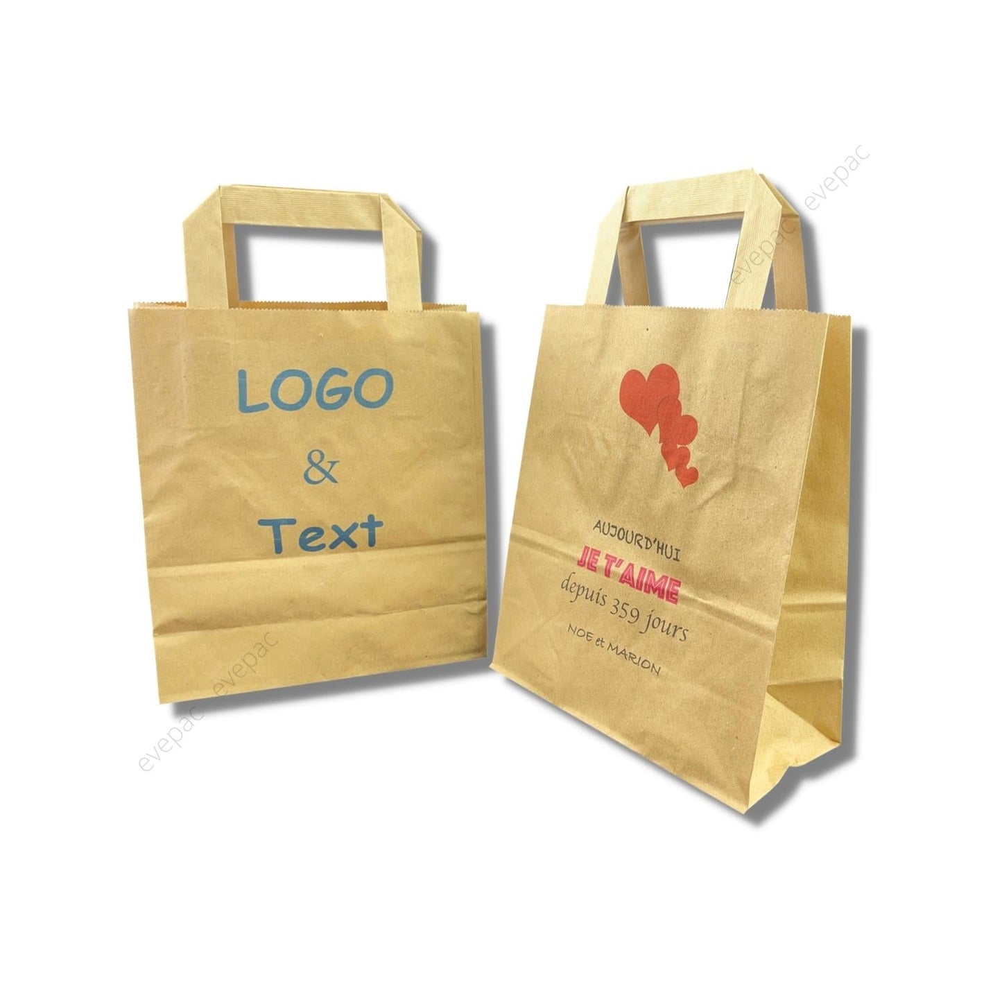 Sac papier kraft brun personnalisable avec poignées plates, imprimé avec texte et logo.