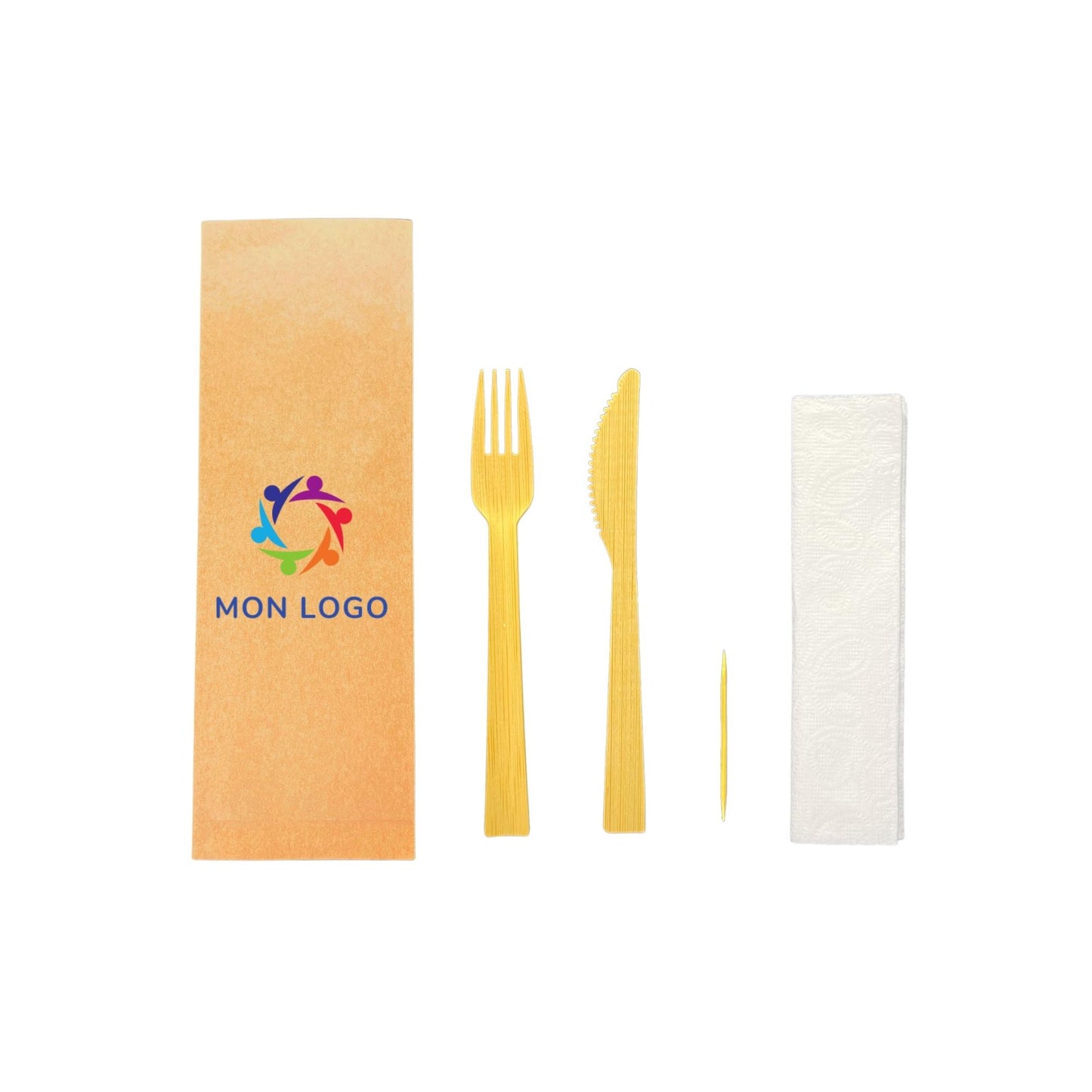 Kit couverts bambou personnalisé (Couteau, Fourchette, Cure-dents, serviette en papier)