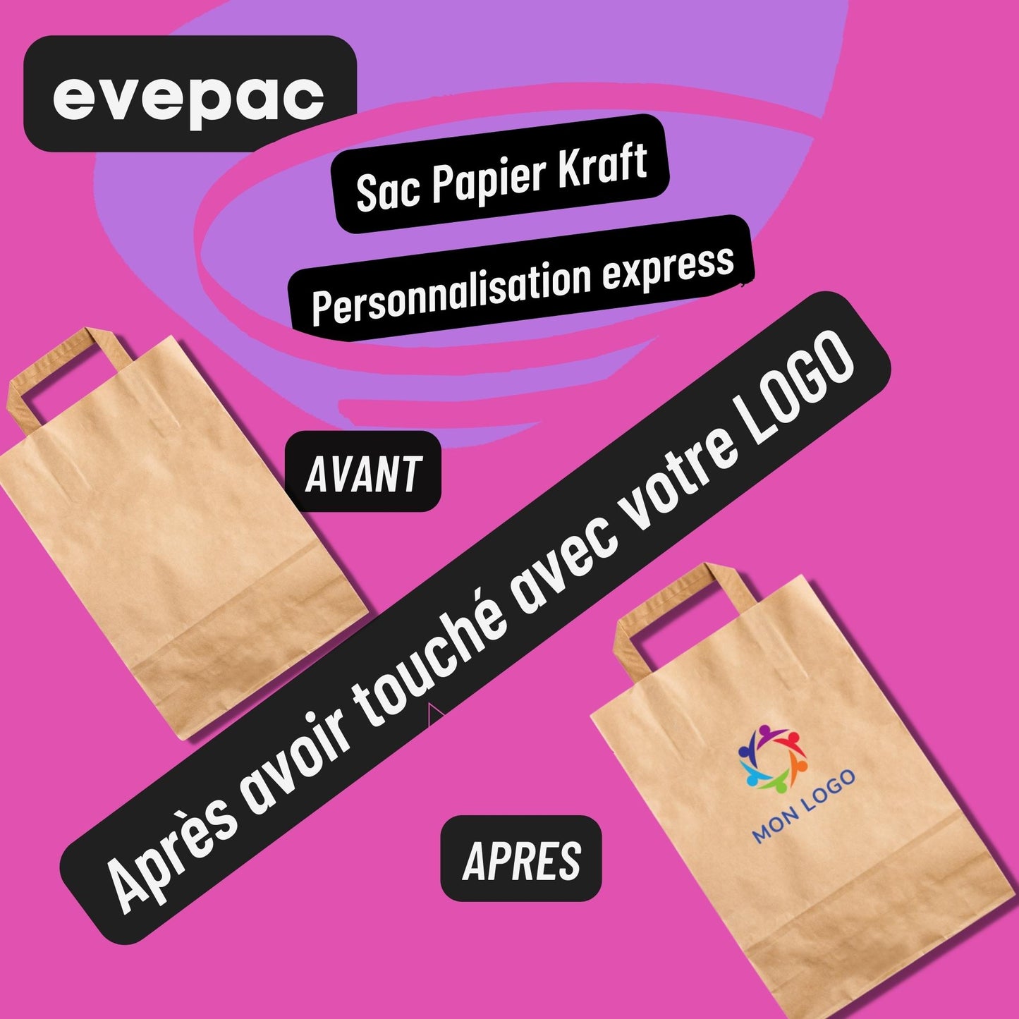 sac papier kraft Personnalisé blanc poignees plates