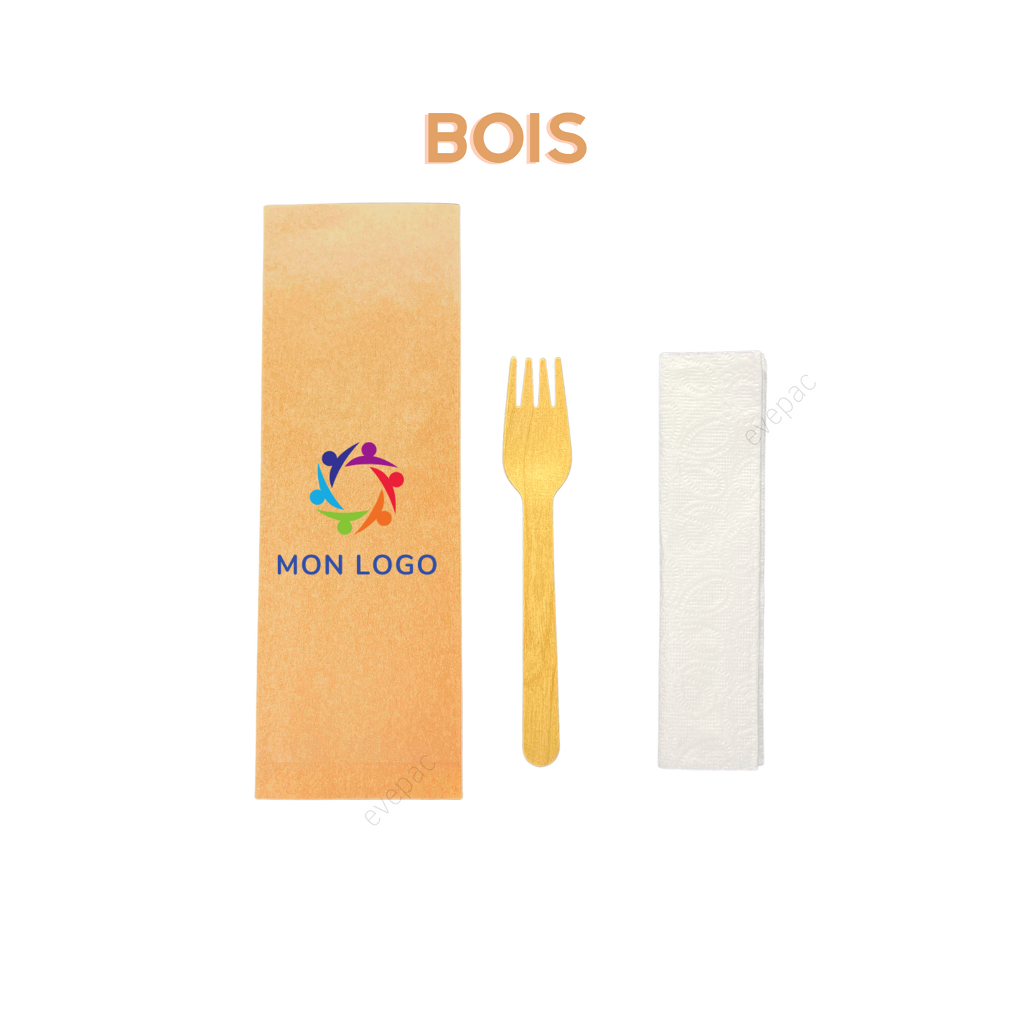 Kit couverts bois personnalisé (Fourchette, Serviette en papier)