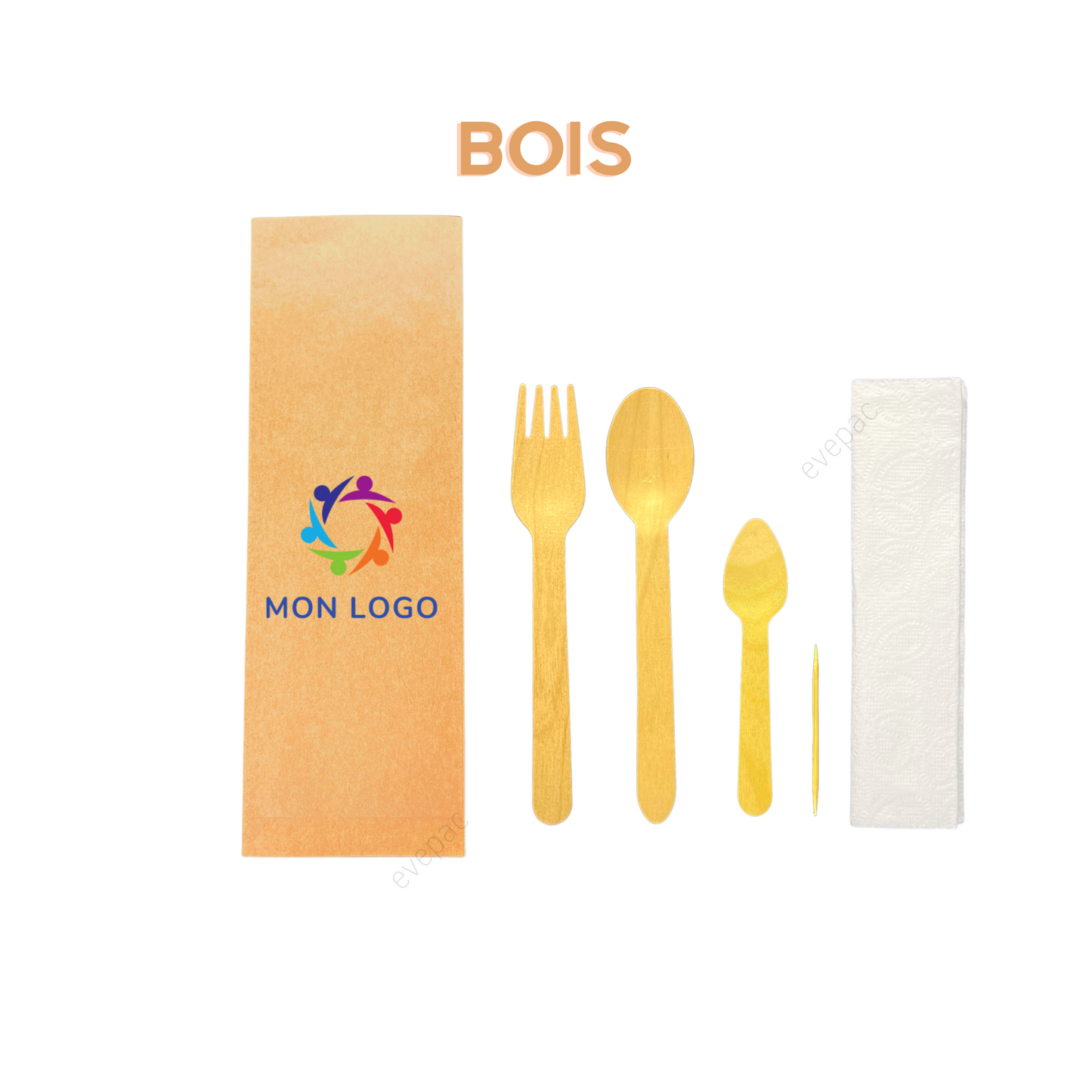 Kit couverts bois personnalisé (Fourchette 16cm, Cuillère 16cm, Mini cuillère 11cm, Cure-dents, Serviette en papier)